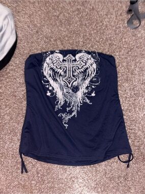Women's Navy Strapless Tank with White Cross & Wing Graphic